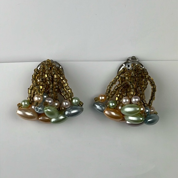 Vintage Faux Pearl Pastel Beaded Clip On Earrings 80’s Spring Bold Tassel - Picture 1 of 6